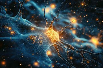 Poster - Microscopic view of a neuron, showcasing its intricate network and glowing synapses, representing neural communication.