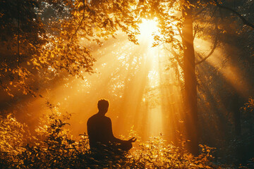 Aufkleber - Silhouette of a man meditating in a sunlit forest, finding peace and serenity amidst nature's golden rays.