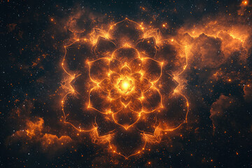 Poster - A fiery cosmic mandala blooms amidst swirling nebulae and distant stars, a celestial flower of energy and light.