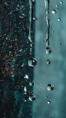 Fototapete - Close-up of water droplets falling from a textured surface, showcasing transparency and fluidity, symbolizing natural purity and the cycle of water