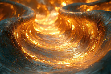 Poster - Glowing golden liquid swirls in a mesmerizing, abstract wave pattern.