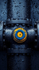 Poster - Close-up of wet dark pipe with yellow and blue detail, showing industrial texture and water droplets, symbolizing strength, resilience, and functionality