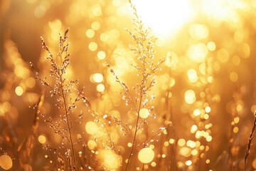 Poster - Golden hour sunrise illuminates dew-kissed grass, creating a magical, dreamy scene.