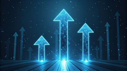 Poster - Digital Ascent: Glowing neon arrows ascend against a dark, futuristic backdrop, symbolizing growth, progress, and the dynamic trajectory of success and technological advancement.