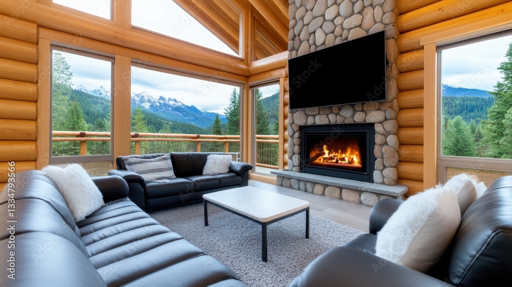 Luxury log cabin living room featuring plush leather sofas, a grand ...
