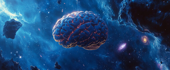 Poster - Human brain in deep space, glowing orange, floating amidst nebula and stars, representing intelligence, consciousness, and the vastness of the mind