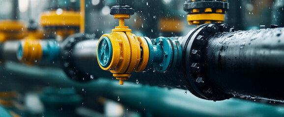 Aufkleber - Close-up of wet industrial valve, yellow and teal, on dark pipe, rain droplets visible, showcasing industrial strength and precision