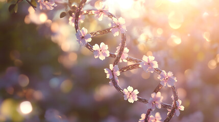 Poster - DNA strand formed by delicate pink flowers, bathed in warm sunlight, symbolizing life's genesis and natural beauty, perfect for science or nature themes