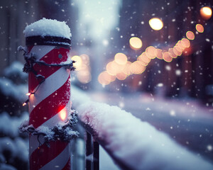 Poster - Snow-covered red and white striped post with lights, in a snowy city background at night, conveying a festive winter atmosphere and Christmas spirit