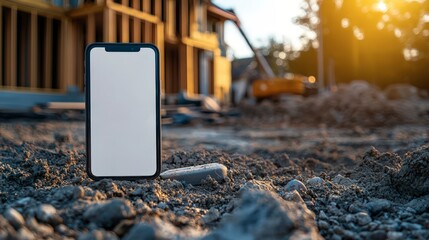 Poster - Mobile phone with white screen and house construction project real estate house property