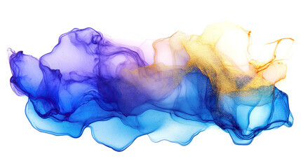 Wall Mural - one single blue, purple and golden alcohol ink abstract splash stain isolated on white or transparen