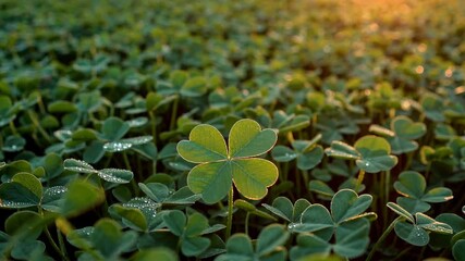 Poster - Single clover leaf in lush green field at sunrise, symbol of luck and nature beauty