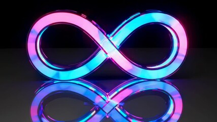 Poster - Neon infinity symbol glowing in blue and pink against dark background. Futuristic design.