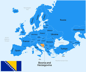  Bosnia and Herzegovina vector map, Europe. Editable Vector map silhouette illustration isolated on Europe, highlighted at Bosnia and Herzegovina, with flag, country name, border, and capital city.