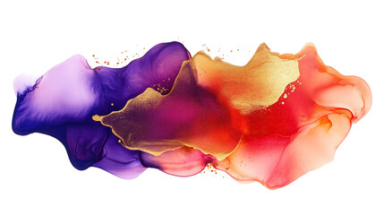 Wall Mural - one single purple, red and golden alcohol ink abstract splash stain isolated on white or transparent