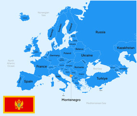  Montenegro vector map, Europe. Editable Vector map silhouette illustration isolated on Europe, highlighted at Germany, with flag, country name, border, and capital city.