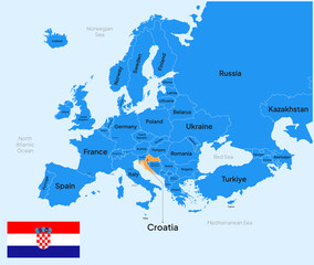  Croatia vector map, Europe. Editable Vector map silhouette illustration isolated on Europe, highlighted at Croatia, with flag, country name, border, and capital city.