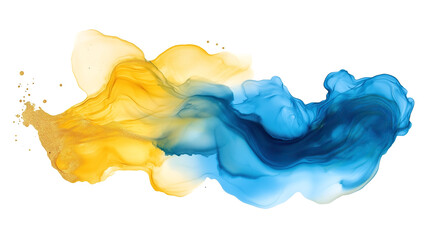 Wall Mural - one single blue, yellow and golden alcohol ink abstract splash stain isolated on white or transparen