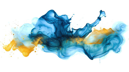 Wall Mural - one single blue, yellow and golden alcohol ink abstract splash stain isolated on white or transparen