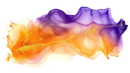 Wall Mural - one single purple, orange and golden alcohol ink abstract splash stain isolated on white or transpar