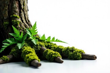Ferns and moss growing on tree trunk on white surface, texture, white background