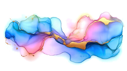 Wall Mural - one single light blue, pink and golden alcohol ink abstract splash stain isolated on white or transp