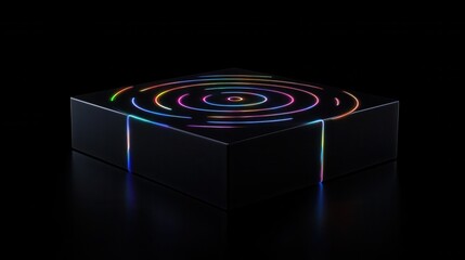 Poster - Illuminated cube with colorful neon ring lights on black background, modern technology concept