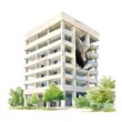 © Chanita - Watercolor urban landscape crumbling building in natural environment illustration, isolated on white background