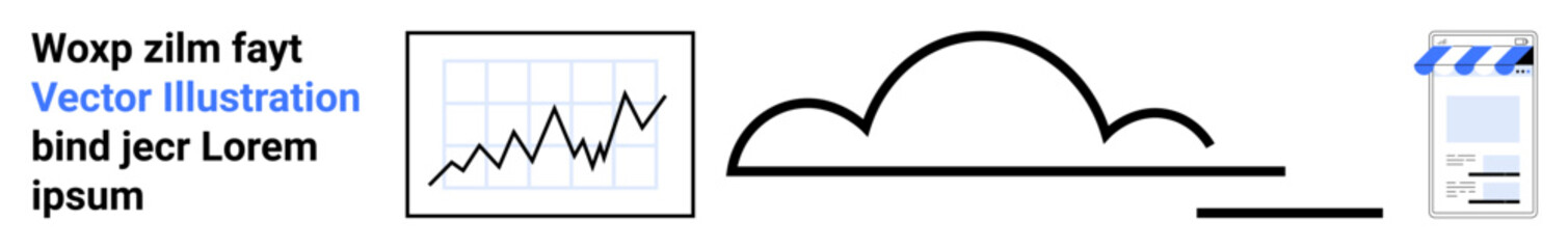 Line graph, cloud shape, and app storefront represent data tracking, cloud computing, and e-commerce. Ideal for technology, business growth, analytics, cloud tech app design software simple