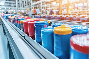 Poster - Rows of colorful plastic containers move along a conveyor belt in a manufacturing plant, showcasing automated production processes and streamlined operations in a modern industrial setting.