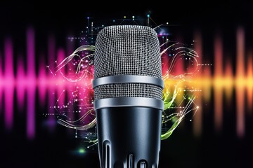 Poster - A professional studio microphone with sound waves and digital connections, creating a modern, dynamic and vibrant audio technology concept for music and communication.