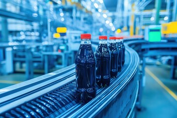 Poster - Glass soda bottles with red caps moving on a curved conveyor belt in a bottling plant, illustrating modern beverage production and factory automation.