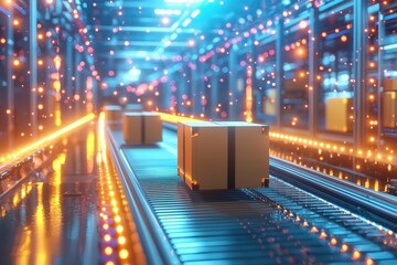 Poster - Packages moving on a modern conveyor belt in a futuristic, high-tech warehouse environment, filled with glowing lights, and ready for fast distribution.