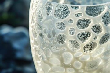 Poster - Close-up abstract view of a textured glass vase with rounded, pebble-like designs, creating a unique and modern pattern with soft lighting and blurred background.