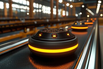 Poster - Futuristic devices move along a conveyor belt in a factory, showcasing advanced technology, automation in manufacturing, and the future of industrial production processes today.