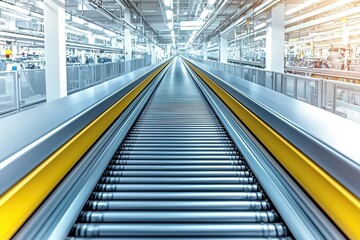 Poster - Perspective view of conveyor belt system in a modern industrial factory, showcasing automated logistics and material handling processes for efficiency and productivity.
