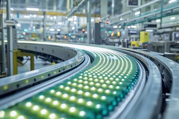 Poster - Automated conveyor belt system in a modern factory, transporting goods with precision and efficiency, showcasing industrial automation and streamlined production process in manufacturing.