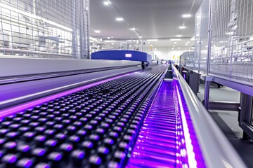 Poster - Advanced automated conveyor system featuring UV disinfection, showcasing modern industrial processes for sanitation and efficient material handling in a controlled environment.