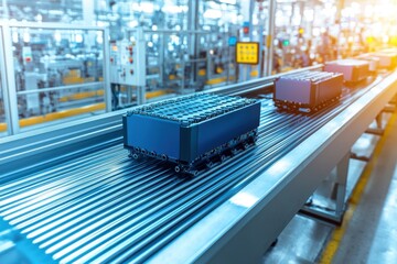 Poster - Battery packs moving on a production line conveyor belt, showcasing automotive manufacturing and technology advancement in a modern, automated factory setting, efficiency.
