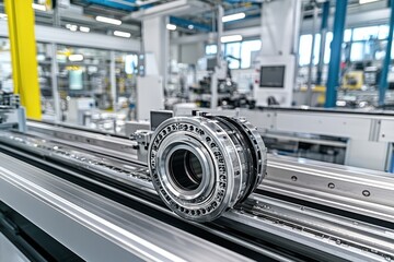 Poster - A precision engineered metal component on a conveyor in a high-tech factory, representing industrial automation and advanced manufacturing techniques for quality production.