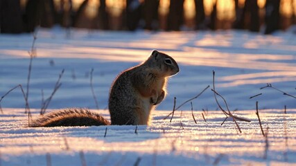 Poster - Squirrel standing on snowy field at sunset with forest backdrop. Winter wildlife scene
