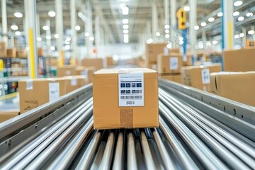 Poster - A cardboard box on a conveyor belt in a large distribution warehouse facility, ready for shipping and delivery, with organized racks filled with packages in the background