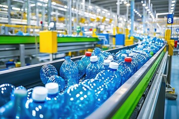 Poster - Plastic bottles moving along conveyor belt in a bottling plant, showcasing modern industrial manufacturing and production processes, highlighting efficiency and automation in beverage industry.