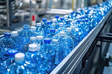 Poster - Rows of blue plastic bottles moving on a conveyor belt in a factory, highlighting the manufacturing process and beverage industry production, for distribution.
