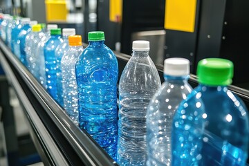 Poster - Bottling plant operation showing a row of filled water bottles on a conveyor belt system, with varied colored caps indicating product types, and reflecting industrial efficiency.