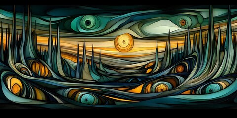 Poster - Surreal Landscape Depicting a Mystical Forest at Dusk with Swirling Skies