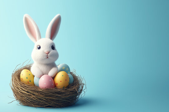 Bunny with Easter eggs in bird nest on blue background.