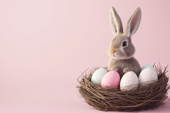 Bunny with Easter eggs in bird nest on pink background.