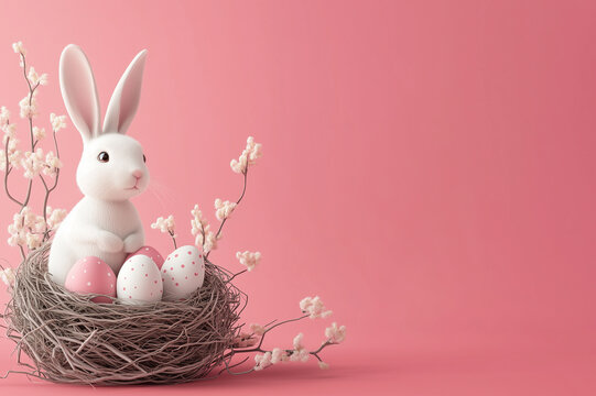 Bunny with Easter eggs in bird nest on pink background.