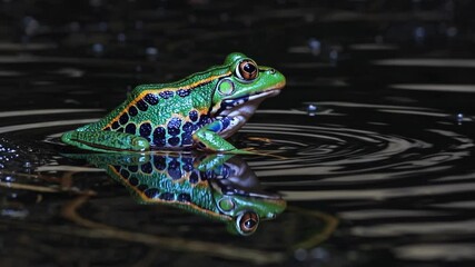 Poster - Colorful frog sitting on water surface with reflection in night scene.